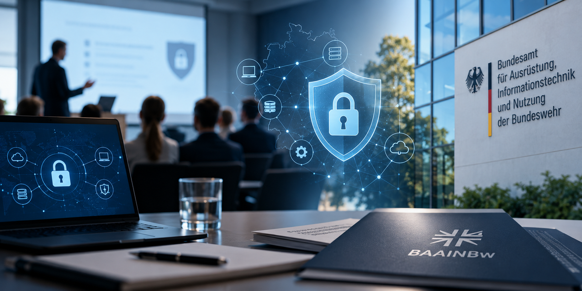 d digitalen Sicherheitssymbolen wie Schloss, Schutzschild und vernetzter IT-Infrastruktur.