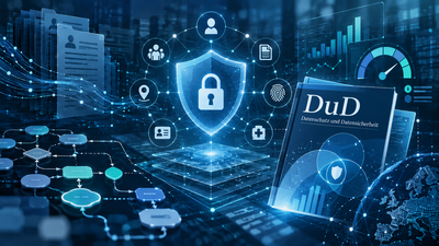 Stilisierte Darstellung von Datenschutz und Risikomanagement mit Schutzschild, Schloss, vernetzten personenbezogenen Daten, Kennzahlen und einer symbolischen Ausgabe der Fachzeitschrift DuD.