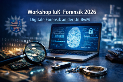 Teaserbild zum Workshop IuK-Forensik 2026 mit Laptop, digitalem Fingerabdruck und forensischen Werkzeugen wie Lupe und USB-Stick