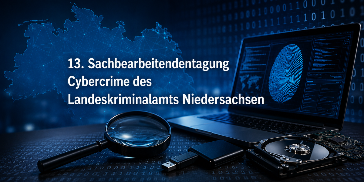 Teaserbild zur 13. Sachbearbeitendentagung Cybercrime des Landeskriminalamts Niedersachsen mit Symbolen der digitalen Forensik wie Laptop, Fingerabdruck, Lupe und Datenträgern.