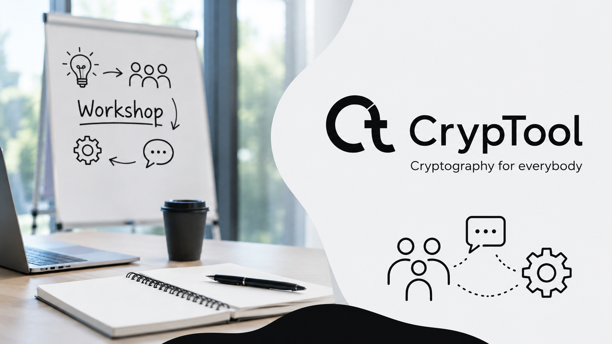 Symbolisches Teaserbild mit Workshop-Szene, Flipchart und CrypTool-Schriftzug als Hinweis auf den von der Professur organisierten Workshop im Rahmen der CODE-Jahrestagung 2026.