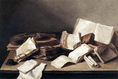 Jan Davidsz. de Heem (1606–1683/1684), Still Life with Books and a Violin, 1628, Koninklijk Kabinet van Schilderijen Mauritshuis. Jan Davidsz. de Heem (1606–1683/1684), Still Life with Books and a Violin, 1628, Koninklijk Kabinet van Schilderijen Mauritshuis.