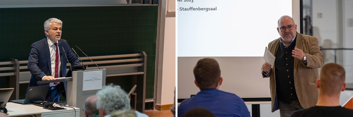 Collage aus zwei Bildern. Links: Prof. Masala steht im Audimax am Pult und spricht zum Publikum, dessen Köpfe zu sehen sind. Rechts: Prof. Elbe steht im Stauffenbergsaal und spricht zum Publikum, das von hinten zu sehen ist.