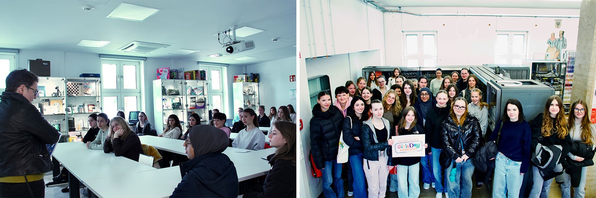 Collage aus zwei Bildern. Links: 30 Schülerinnen sitzen in einem Seminarraum, vorne steht Dr. Reischl und richtet das Wort an die Schülerinnen. Rechts: Gruppenfoto in der datArena, die Schülerinnen in der ersten Reihe zeigen das Logo des Girls' Days.