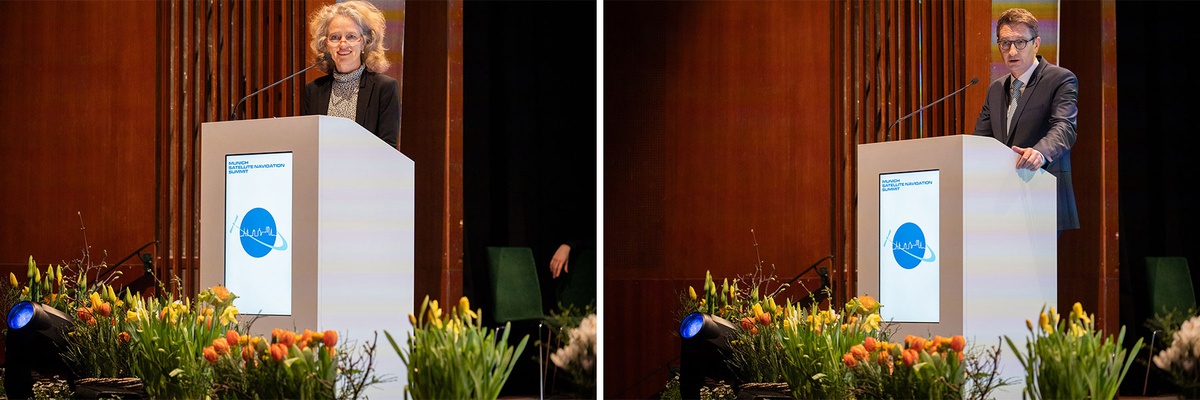 Collage aus zwei Bildern, beide blicken auf das Rednerpult. Im linken Bild steht eine Frau am Pult (Präsidentin Prof. Kern) und spricht zum Publikum, im rechten Bild steht ein Mann am Rednerpult (Staatssekretär Schnorr).