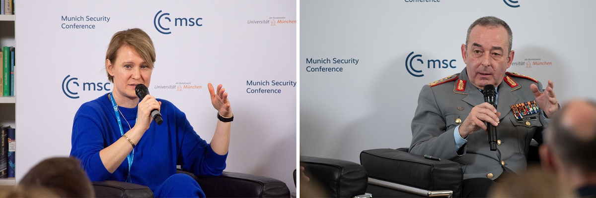 Collage aus zwei Bildern. Links: Jana Puglierin sitzt vor einer Wand mit den Logos der MSC und der UniBw M und spricht in ein Mikrofon. Rechts: Auch General Carsten Breuer sitzt vor der Logowand und spricht in ein Mikrofon.