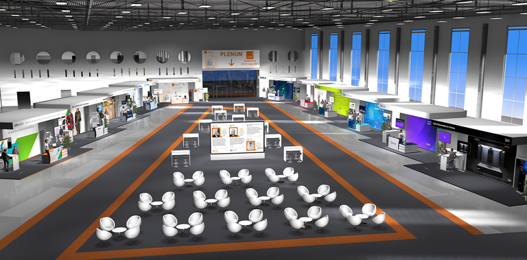 Grafik der virtuellen Messehalle der Jahrestagung CODE, auf der verschiedene Messestände zu sehen sind.