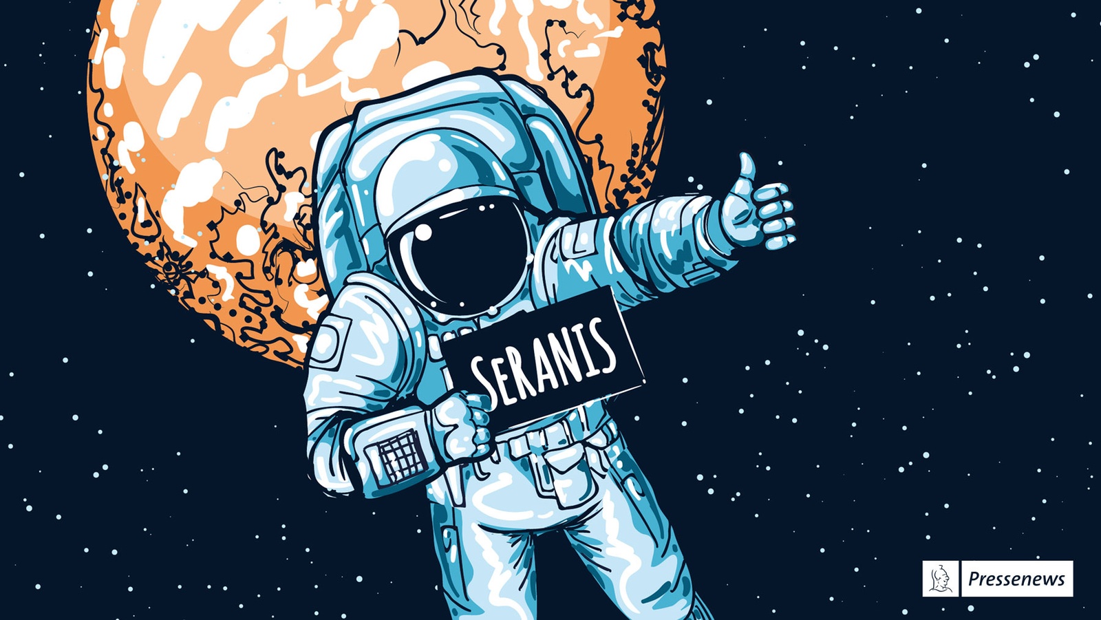 Start-up-Wettbewerb „Per Anhalter in den Orbit“ Illlustration eines Astronauten im Weltall der per Anhalter mitfliegen will