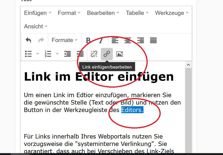 Link einfügen - markieren und Button