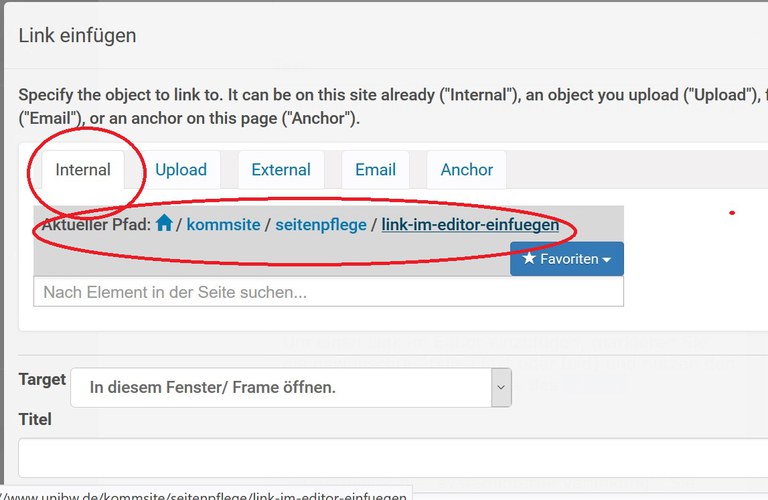Link einfügen - systemintern