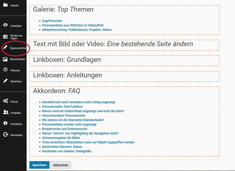 Eigenschaften Modulseite
