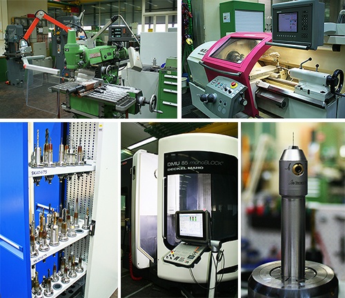 Spanende Fertigungsverfahren: konventionelle Fräsmaschinen (oben), CNC-Werkzeuge (unten links), CNC gesteuerte Fräsmaschine DMG MORI DMU monoBLOCK Baureihe (unten Mitte), Bohrwerkzeug 0,5 mm (unten rechts)