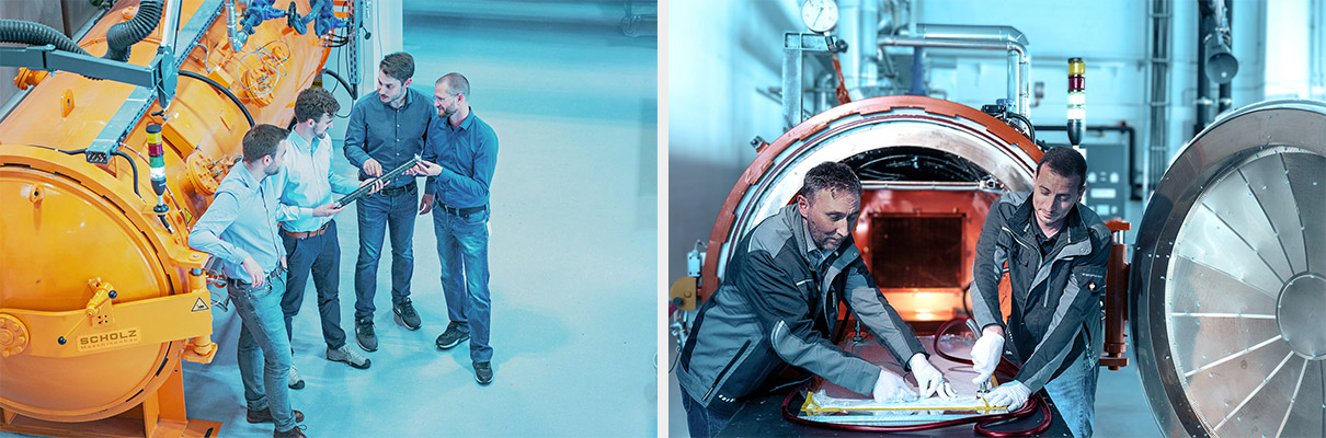 Collage of two pictures: On the left, four employees are standing next to a large orange tube; on the right, two employees in work clothes are working at the head of this tube.