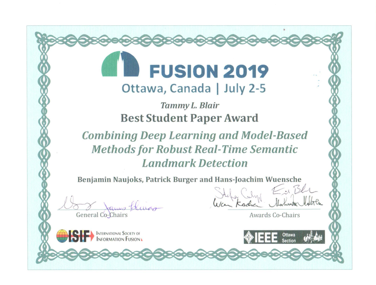 Best Student Paper Award for "Combining Deep Learning and Model-Based Methods for Robust Real-Time Semantic Landmark Detection" at the FUSION 2019