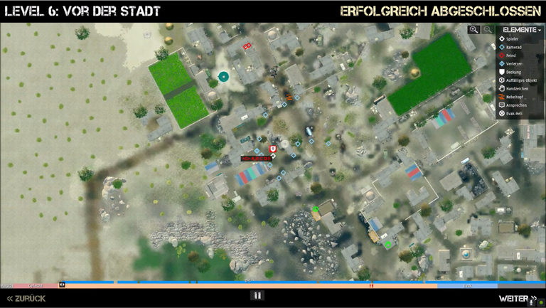 Mittels Vogelperspektive sieht der Spieler auf einer taktischen Karte den gegangenen Weg und relevante Aktionen in dem gespielten Level.